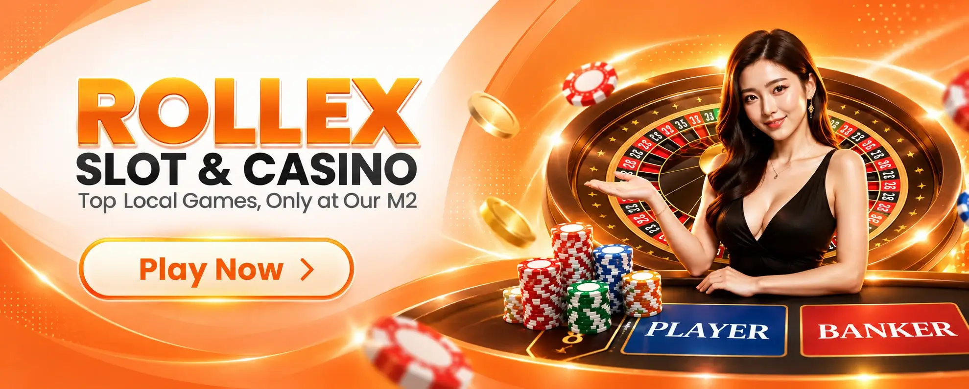 Grafik promosi permainan slot dan kasino Rollex di M2 Kasino